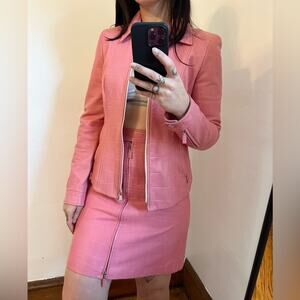 Escada 2/4 vintage RARE pink lamb leather skirt suit jacket set fall unique